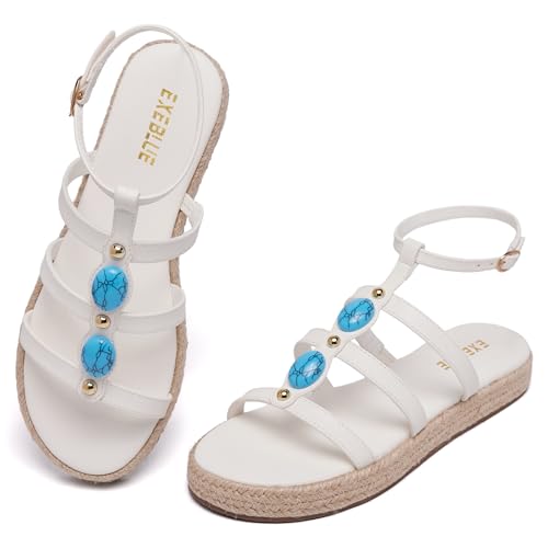 Image of Women's Bohemian Espadrille Platform Sandals,Open Toe Wedge Sandals with Turquoise Decor, Adjustable Ankle Buckle, Summer Beach Shoes