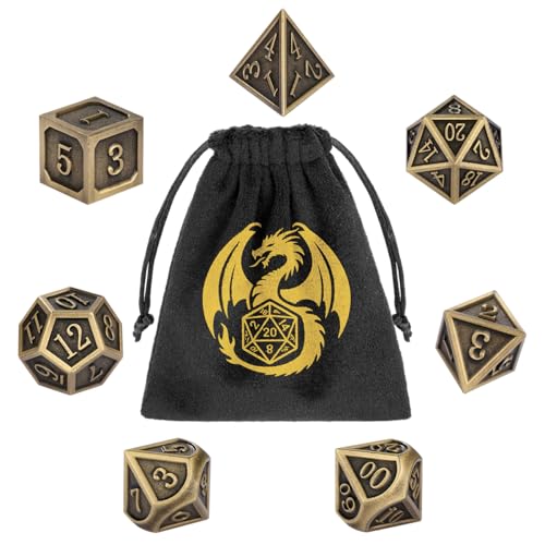 Lot de Dés en Métal DND, 7 Dés Polyédriques en Métal, Accessoires pour Jeux de Rôle, RPG, MTG, Jeux de Société, Cadeaux D&D avec Sac Cadeau, D20, D12,...