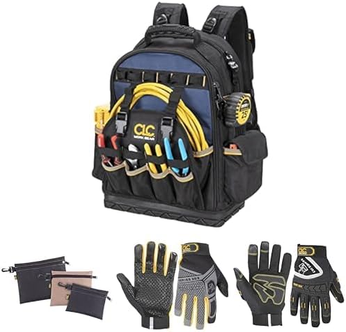 CLC 38 Pocket Molded Base Tool Backpack, 3 Pack Utility Bags, XL & M Utility Grip Work Gloves Bundle