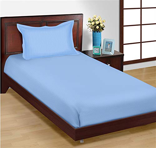 Image of Trance Home Linen 100% Cotton 78x36 inch Single Fitted 200TC Satin Stripe Elastic Fitted Bedsheet | Single Bed Size Daily use Fitted Bedspread with 1 Pillow Covers (78 inchx36 inch | 6.5x3 feet, Sky Blue)