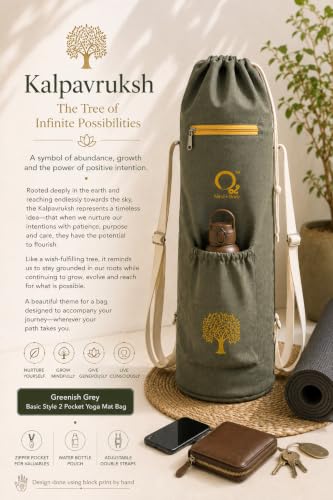 Image of O2 Yoga Mat Bag | Cotton Yoga Mat Carry Bag with Adjustable Double Straps | Yoga Mat Cover Bag for Women & Men | Fits 2mm-10mm Mats (Greenish Grey Kalpavruksh Block Print)