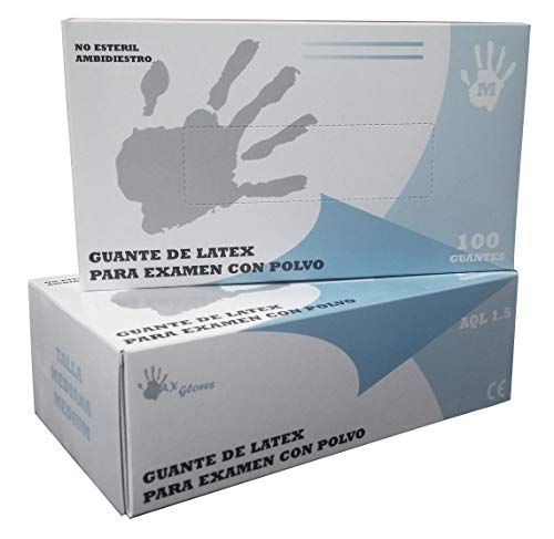 Guantes de Latex Natural Pre Empolvados Max Gloves para Examen Color Natural 5,2 gr - Caja 100 unidades (XS (Extra Pequeña))