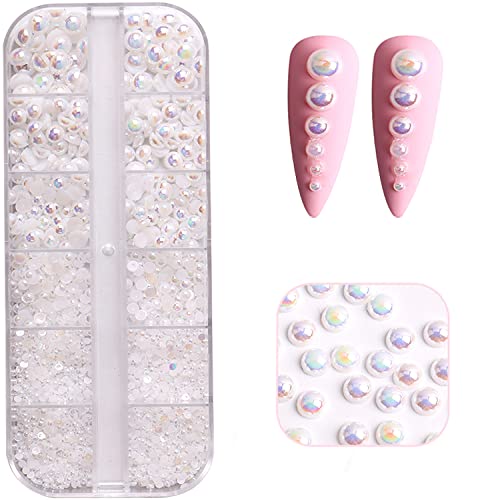 Kachimoo Half Round Pearls Nail Charms Beads Multi Sizes Flatback Pearl Nail Beads For Nail Art Decoration And Diy Crafts(2/2.2/3/4/5/6) (White Ab) #TOP10