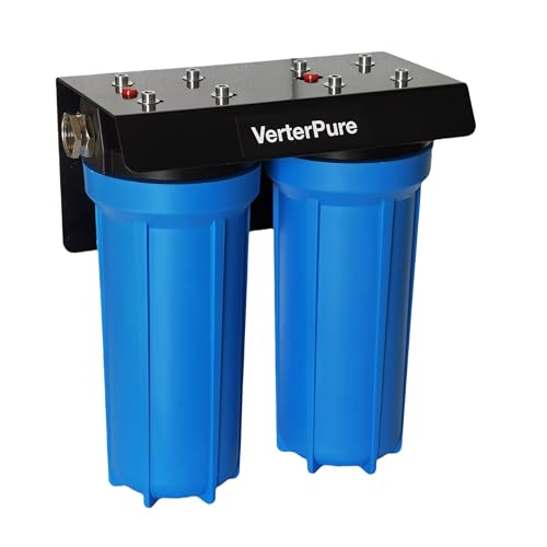 Image of DuoPro X2 Two-Stage RV Fresh Water Filter System, High Flow, NSF Housings, 3 /4 inch GHT Garden Hose Fittings, Reduce Sediment, Chlorine, Odor, Heavy Duty Mounting Bracket, Blue