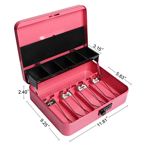 Metal Cantilever Cash Box with Key Lock, Decaller Large Lock Money Box - 5 Compartments with Cover & 4 Spring-Loaded Clips for Bills, Pink, 11 4/5\" x 9 2/5\" x 3 1/2\"