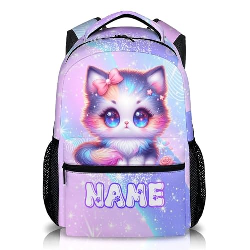 School Cat Backpack for Girls, Custom Bookbag for Kids Kindergarten Elementary Primary Middle College, 17 Inch Large Capacity Personalized Cat Backpacks Gift