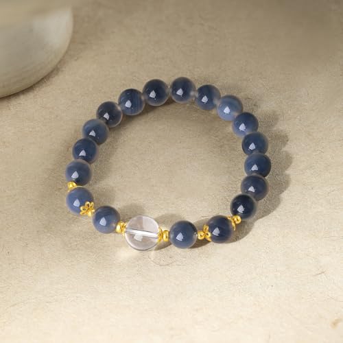 Sterling Silver Bracelet Chalcedony Beaded Bracelet Healing Crystal Bracelets Protection Bracelets Natural Gemstone Stretch Bracelet for Unisex Lover Birthday Aniversary 6.7inch/17cm4