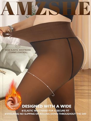 Image of Plus Size Fleece Lined Tights Women, Control Top Thermal Tights for Women, Fake Translucent Winter Warm Tights