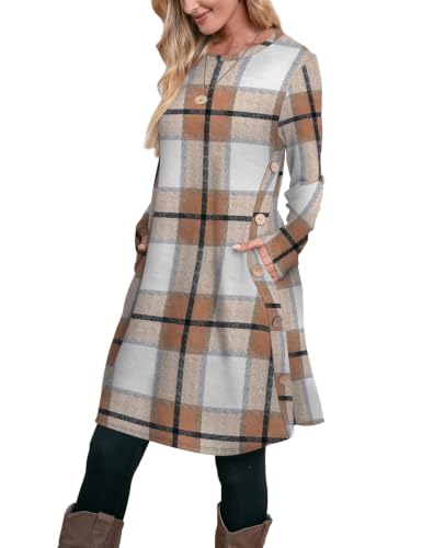 Image of OFEEFAN Fall Dresses for Women 2026 Crew Neck Long Sleeve Dress with Pockets