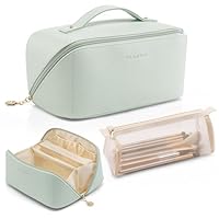 Vlando Makeup Bag,Large Capacity Toiletry Bag for Women Waterproof Portable Make up Pouch PU Leather Open Flat Cosmetic Bag(Mint Green)