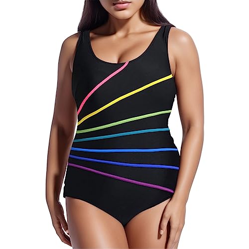 Bañador Mujer Reductores Talla Grande Traje de Baño de Una Pieza Bañador de Una Pieza a Rayas de Colores Tallas Grandes con Relleno para Mujer Control de Barriga Traje de baño Acolchado Monokinis