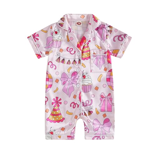 Kuriozud Baby Girl Boy Birthday Button Down Silk Satin Pajamas Romper One-Piece Jumpsuit Long Sleeve Nightgown Pjs Sleepwear