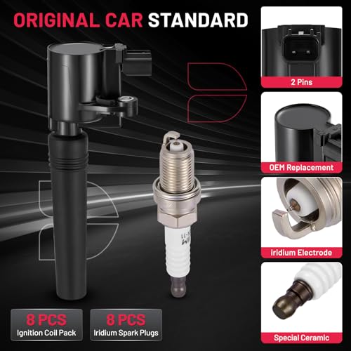 Image of BDFHYK 8 Ignition Coil Pack FD506 and 8 Iridium Spark Plug 4503 Compatible with Lincoln 2000-2006 LS, Compatible with Ford 2002-2005 Thunderbird 3.9L V8 Coil for DG515 DG509