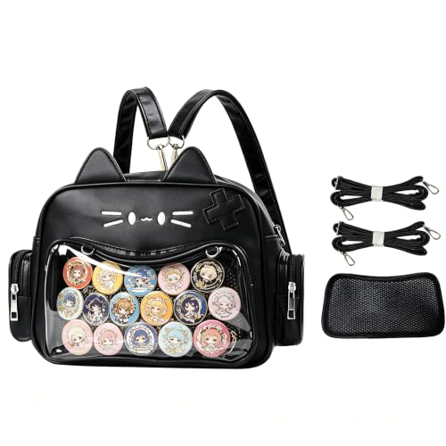 Lifelix Cat Ita Bag Backpack with Clear Window, Kawaii Pin Display Crossbody Bag, Y2K Anime Purse for Pins (Black)
