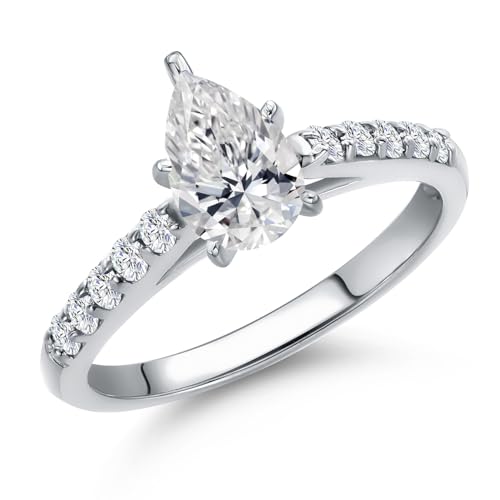 Gem Stone King 10K White Gold 8X5MM Pear Shape Gemstone Birthstone and Lab Grown Diamond Engagement Ring For Women | Wedding Anniversary Promise Gold Ring | Available in Size 5 to 9