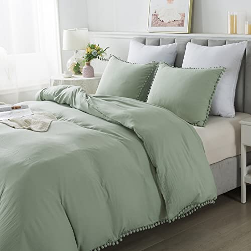Caressma Pom Pom Fringe Duvet Cover Set Full Size, Soft Washed Microfiber 3Pcs Bohemian Bedding Duvet Cover, All Season Sage Green Comforter Cover Set With Zipper Closure #TOP3