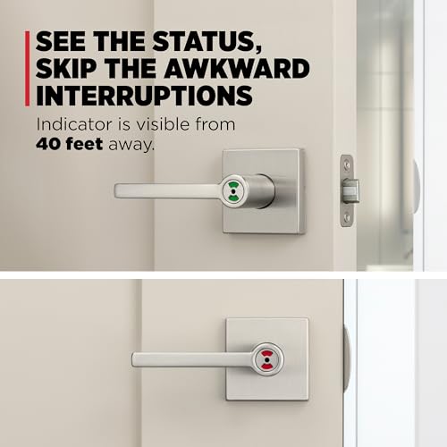 Image of Kwikset Halifax Vacant Occupied Bathroom Door Handle Lock, Privacy Door Lever with Indicator, Satin Nickel
