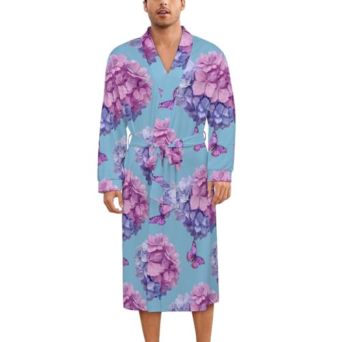Purple Hydrangeas Butterfly Soft Robe Long Sleeve Bathrobes V Neck Sleepwear Spa Robes with Belt Men Woman