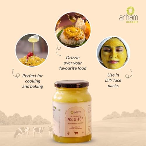 Image of Arham Organic A2 Gir Cow Ghee 500ml | Curd-Churned Cultured Bilona Method | Pure & Natural Desi Ghee | Grass-Fed | Immunity & Gut Health | Cruelty-Free | Lab Tested | Glass jar