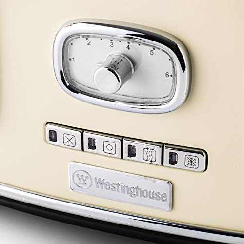 Westinghouse Retro Toaster 4 Scheiben, Abnehmbarer Brötchenaufsatz, 6 Bräunungsstufen, Brotzentrierung, Auftau-, Aufwärm- & Stoppfunktion, Kontrollleuchte, Ausziehbare Krümelschale, weiß – Bild 6