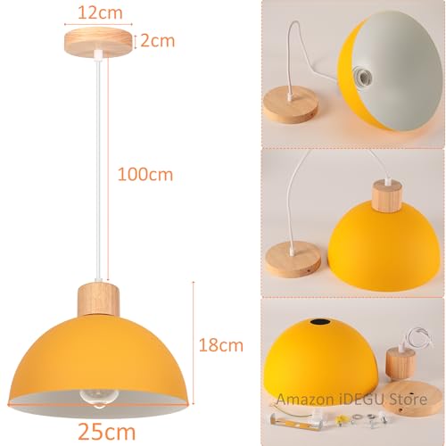 iDEGU 25cm Retro Pendant Light E27 LED Ceiling Light Modern Scandinavian Style Hemisphere Hanging Lampshade Metal Wood Pendant Light Fixture for Bedroom Dining Room Kitchen Restaurant (Yellow) - Image 4