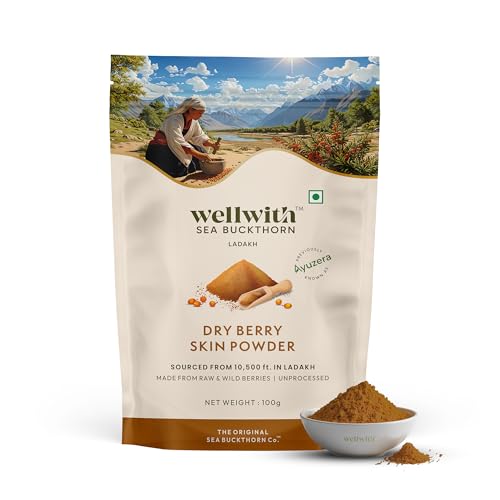 Image of Wellwith Himalayan Sea Buckthorn Dry Berry Kkin Powder, 100g | Rich in Omega 3, 6, 7, 9 | Collagen, Fiber, Omegas, Vitamin C, Vitamin E | Dry Sea Buckthorn Berry Powder (100, Grams)