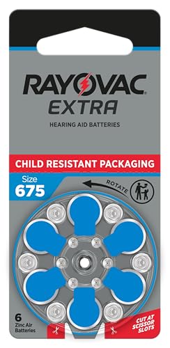 Rayovac Extra Size 675 Hearing Aid Batteries Long-Lasting Power Zinc-Air Mercury Free 1.45V Improved Child-Resistant Packaging Recyclable 60 Count (10 Packs of 6)