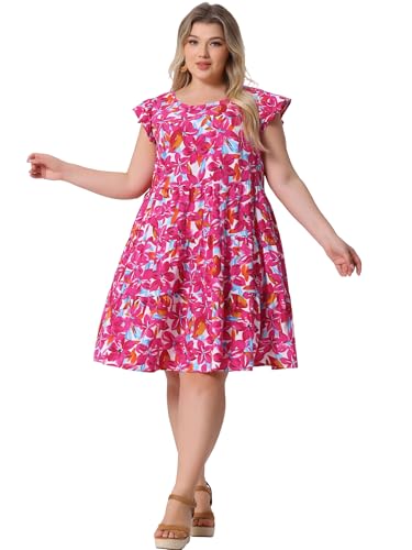 Image of Agnes Orinda Plus Size Summer Dress for Women Boho Flutter Sleeves Round Neck Floral Print Tiered Babydoll Ruffle Dresses