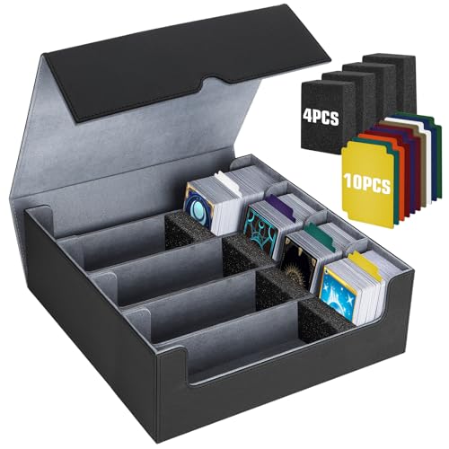 Caja de Tarjetas para Más de 3200 Tarjetas, Cajas de Almacenamiento de Tarjetas Coleccionables con 10 Divisores de Colores y 4 Espuma, Cajas de Cubierta Magnéticas Premium, para TCG Magic(Negro Gris)