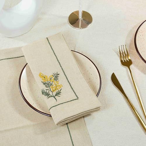 Image of R home Premium Embroidered Cotton Table Napkins Set of 6 Reusable Cloth Dinner Napkins Soft Washable Dining Table Linen Elegant Kitchen Coffee Table Decor (R home Mimosa Sprig, 45X45 CM)