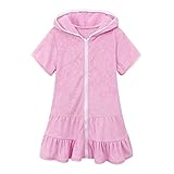 XINYUNZU Mädchen Bikini Cover Up Kurzarm Sommer Strandkleid mit Reißverschluss und Kapuze Badeanzug Girls Strand Cover-Up Kleid mit Rüschen Strandbekleidung Kinder Angebote Rosa 6-7 Jahre