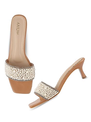 Image of AXIUM Pearl Embellished Beige Heels, 2.5-Inch
