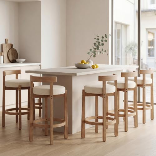 Image of LukeAlon Linen Counter Stools Set of 5, Upholstered 26.5 inch Seat Height Low Barstools with Natural Wood Legs Round Low Back Kitchen Stools with Footrest for Dining Room Bar Coffee Shop, Beige