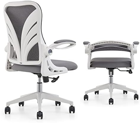 HOLLUDLE Ergonomic Office Chair with Foldable Backrest, Computer Desk Chair with Flip-up Armrests, Mesh Lumbar Support and Tilt Function Big and Tall Office Chair, White