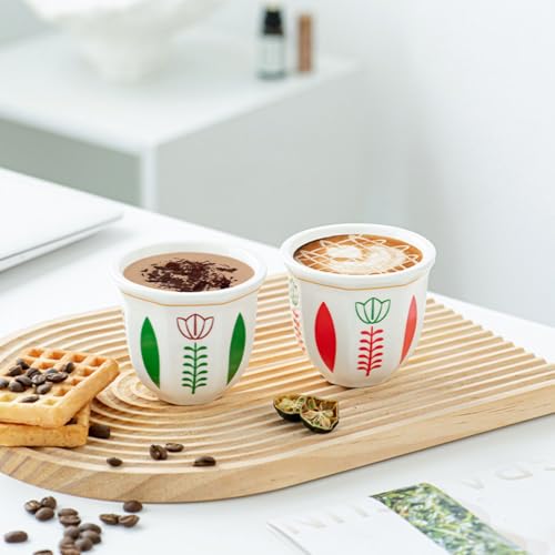 أكواب قهوة عربية بزخارف زهرة التوليب المميزة، مجموعة من قطعتين (250 مل) - أكواب من السيراميك بتصميم تقليدي، مثالية للقهوة، واللاتيه، والشاي