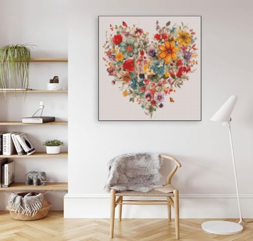 Image of Valentine's Day Stamping Cross Stitch Kit, Flowers Counting Cross Stitch Kit for Adult Beginners , Full Line DIY Cross Stitch Stitching Kit for Home Decor Cross Stitch Patterns 13.7x13.7 inches