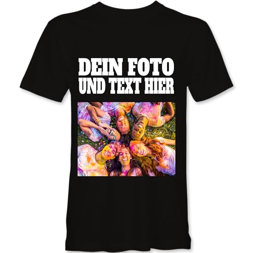 Manevito T-Shirt Aufdruck individuell mit Foto Bedruckt - Wunschtext - Druck personalisiert - Geschenk für Freizeit selber gestalten (DE/NL/SE/PL, Alphanumerisch, M, Regular, Regular, schwarz)