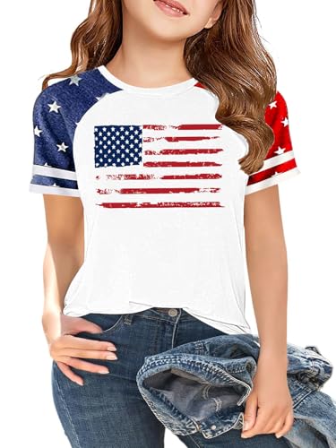 Image of CAZYCHILD Girls 4th of July USA Shirt American Flag Patriotic T-Shirt Independence Day Outfit for Kids 5-14Years