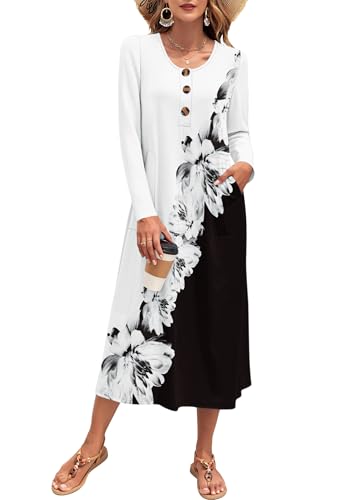 MOLERANI Long Sleeve Button Front Pockets Casual Knit Maxi Dress,B W F,XL