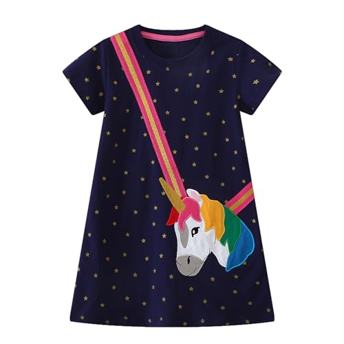 Image of HILEELANG Toddler Girl Short Sleeve Easter Dress Cotton Casual Jersey Shirt Playwear Applique Dress