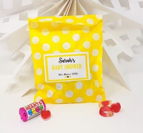 Treasured Forever Personalised Wedding Favour Sweet Bags Birthday Candy Cart Striped Polka Dots | Yellow Polka Dots - Just Married | 50