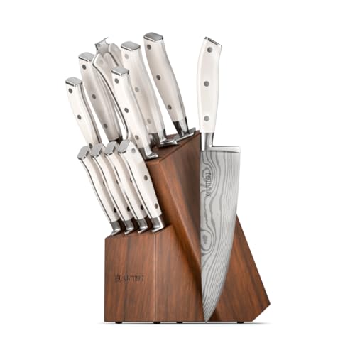 Image of Yatoshi 12 Piece White Knife Block Set - Pro Kitchen Knife Set Ultra Sharp High Carbon Stainless Steel with Ergonomic Handle