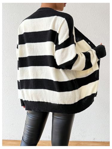 SHENHE Women's Striped V Neck Button Down Knit Cardigans Color Block Vintage Sweater with Pocket2