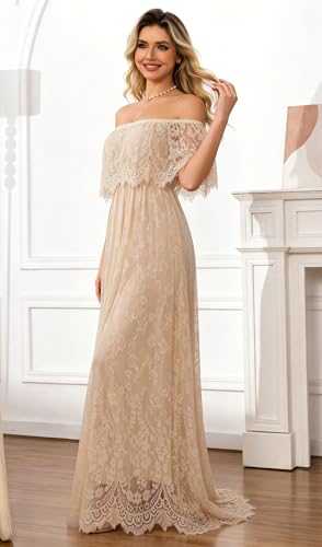 Image of HOYISHION Women's Off The Shoulder Floral Lace Maxi Dress White Bridesmaid Wedding Party Maternity Photoshoot Long Dresses