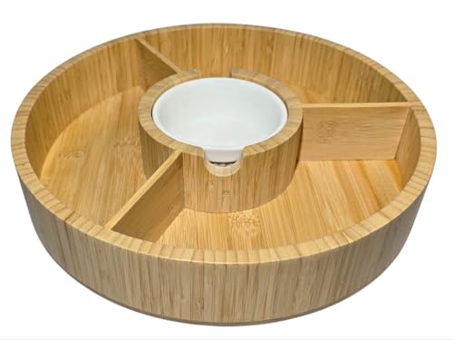 Simple Blessings Premium Bamboo Veggie Tray W/Removable Ceramic Dip Bowl- Wooden Serving Platter For Cut Vegetables, Chips, Dips, And Appetizers - Perfect Party Tray For Entertaining (12”)