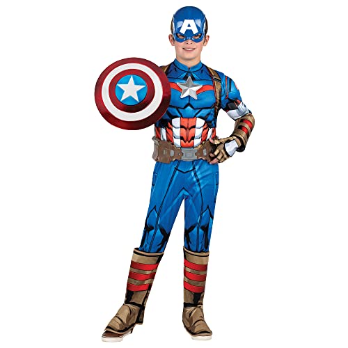 Disfraz de Capitán América de Marvel para niños – Mono de lujo con diseño impreso + tocado 3D, guantes y escudo