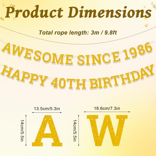 Image of Awesome Since 1986 Banner, Gold Glitter Happy 40th Birthday Banner Pre-Strung 40th Birthday Decorations for Anniversary Party Decor Supplies