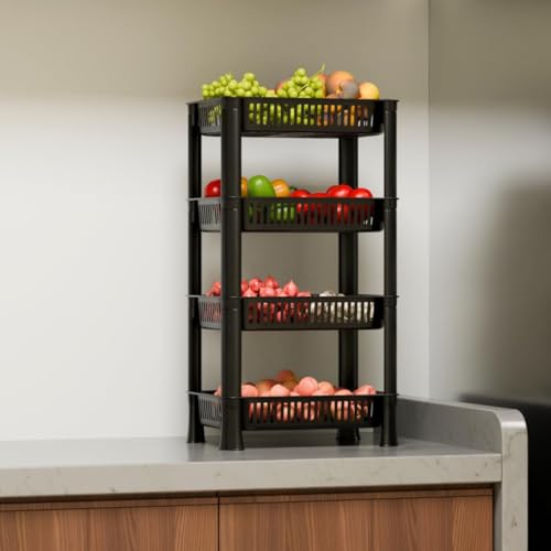 Image of Multipurpose Plastic Storage Rack for Kitchen | Foldable Vegetable & Fruit Organizer Stand for Onion, Potato, Sabji | Countertop Multi-Layer Basket Rack for Home, (Black, 4 layer)