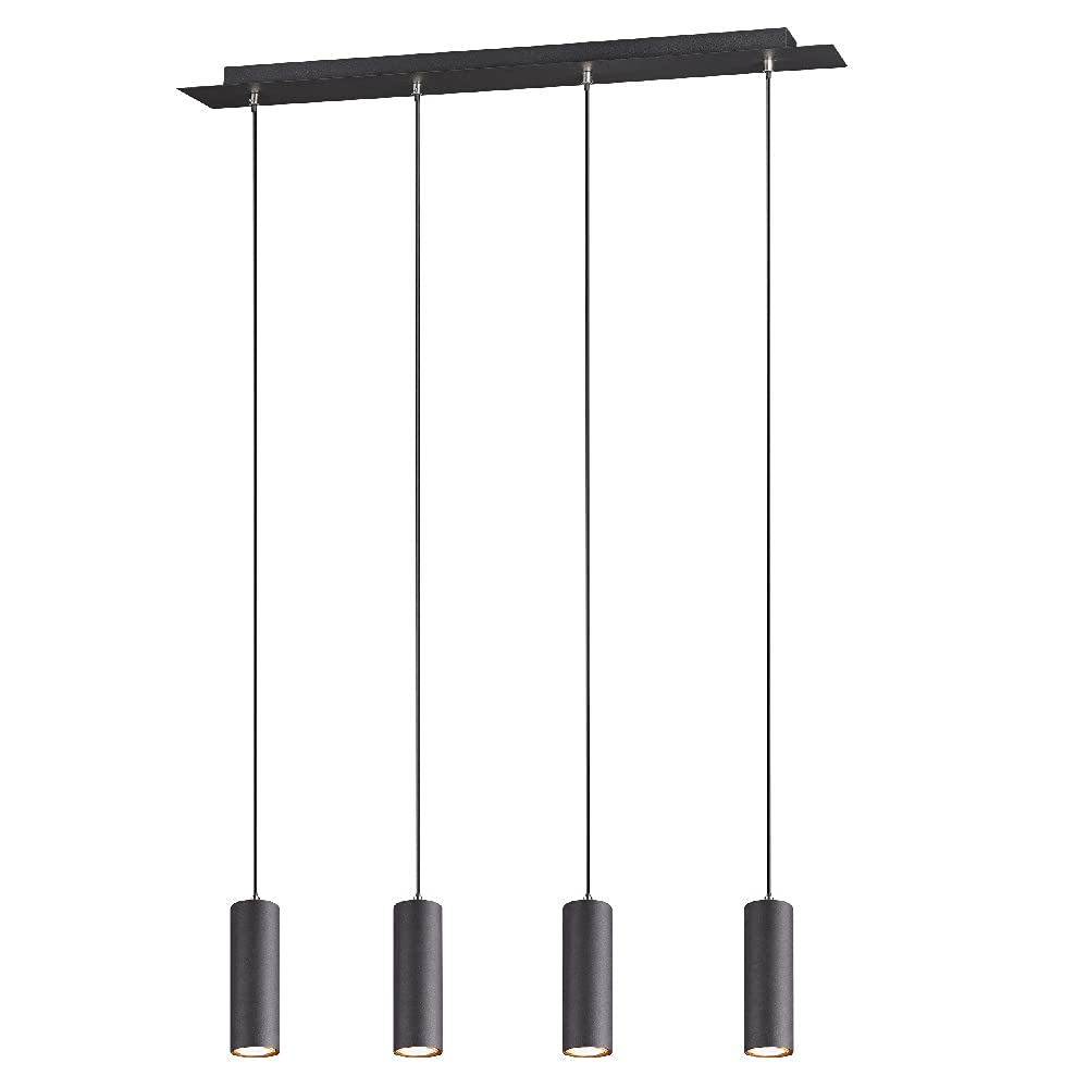 Britalia Black Modern 4 Lamp Cylindrical Shade Bar Pendant Ceiling Light | 6Cm Diameter Spots | 4 X Gu10 Lamp Bulb Required (Not Included) | Rectangular Fixing Plate 750Mm | Contemporary Design | Spotlight