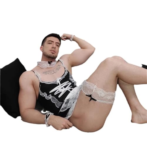 BeLongsYou Lingerie sexy pour homme Transparent Coquine Tenue de fille française Anime Cosplay Costume Jeu de rôle Déguisement Déguisement Déguisement Coquine Tablier Uniforme, Noir, L